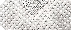 Overlapping perforated metal sheets with square and decorative hole patterns