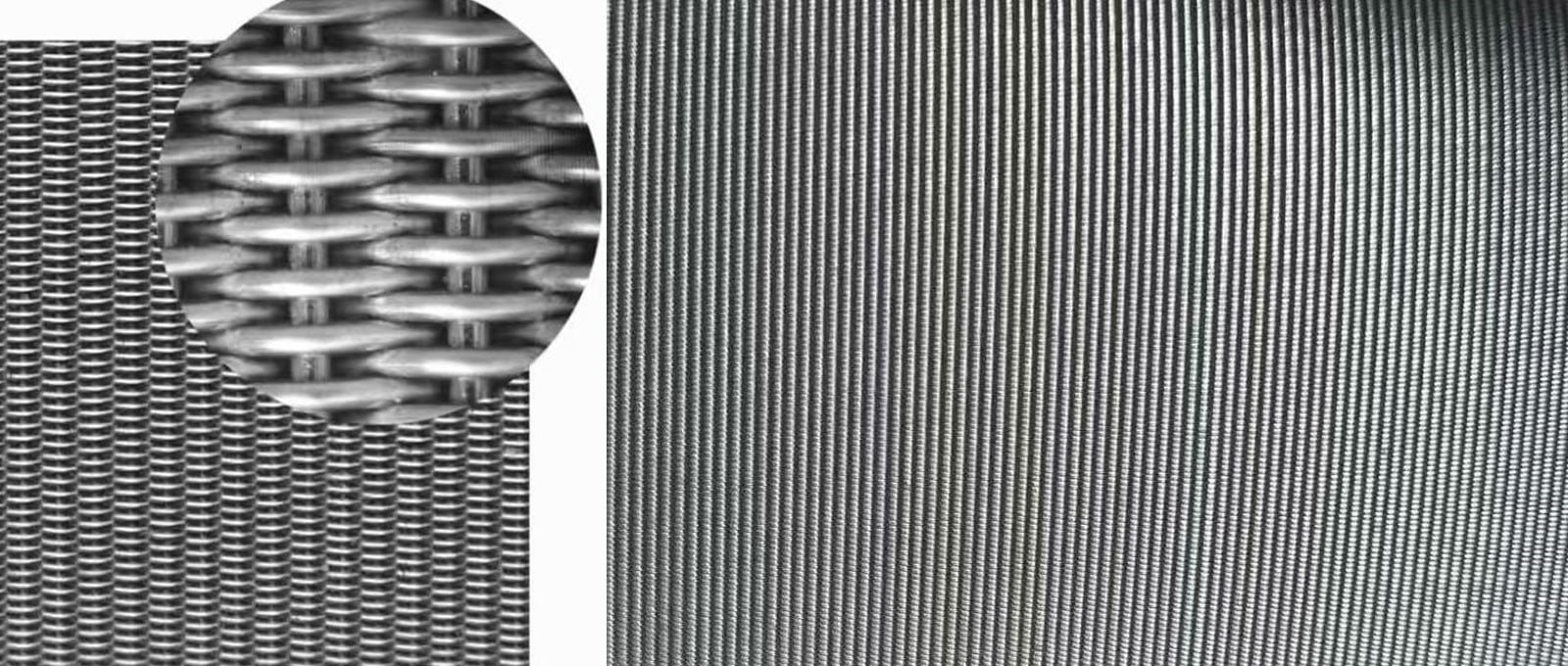 Stainless steel Dutch weave filter cloth with a magnified view of dense wire intersections