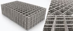 Stacked stainless steel welded wire mesh panels with close-up views of welded joints