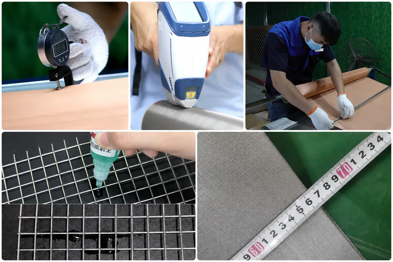 Quality inspection of stainless steel welded wire mesh using measuring tools and a wire diameter gauge