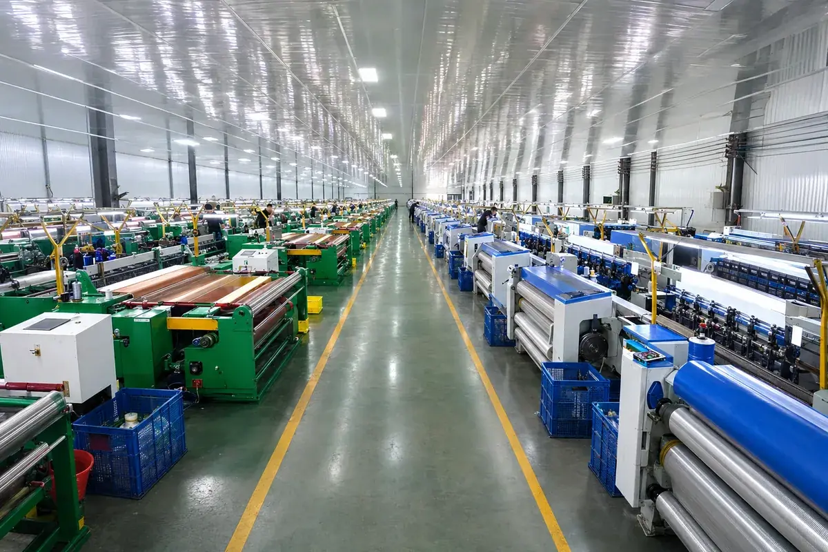 Stainless steel wire mesh production floor with rows of industrial weaving machines