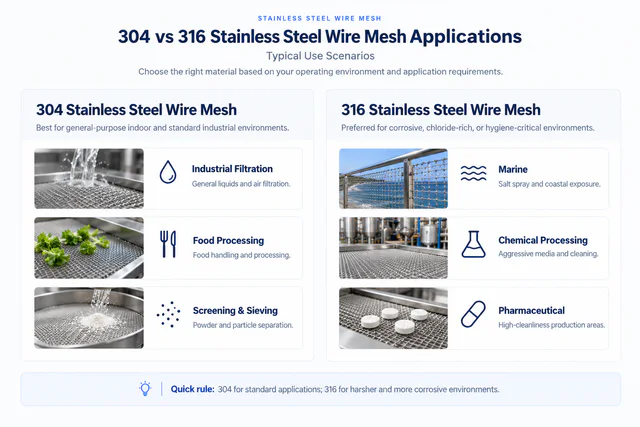 Typical applications: 304 for general filtration, food processing and screening; 316 for marine, chemical and pharmaceutical service.