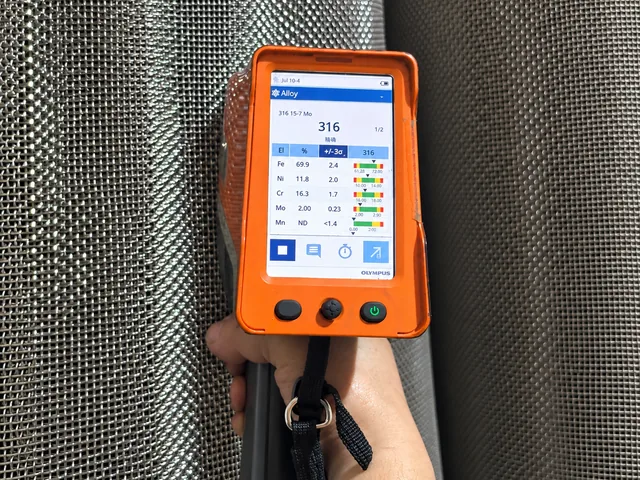 Handheld XRF analyzer screening the alloy composition of stainless steel wire mesh