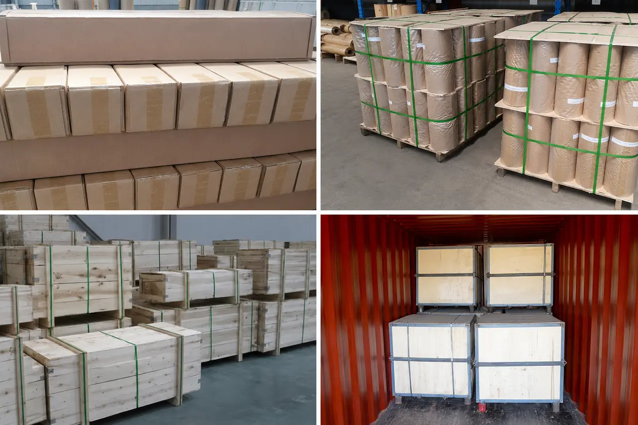 Export packing options for stainless steel wire mesh: cartons, wrapped rolls, wooden crates and container loading