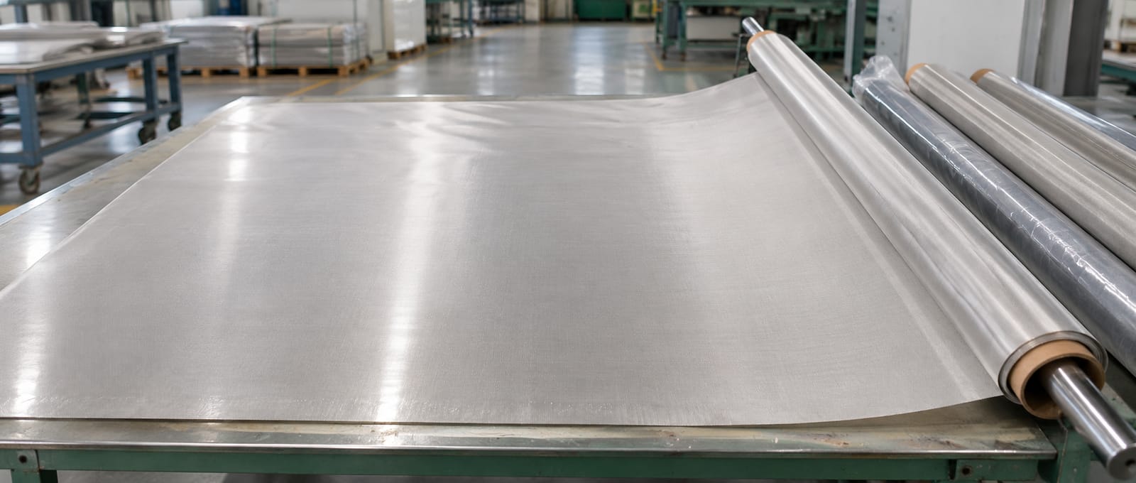 Stainless steel woven wire mesh sheet and finished rolls on a factory production table