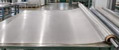 Stainless steel woven wire mesh sheet and finished rolls on a factory production table