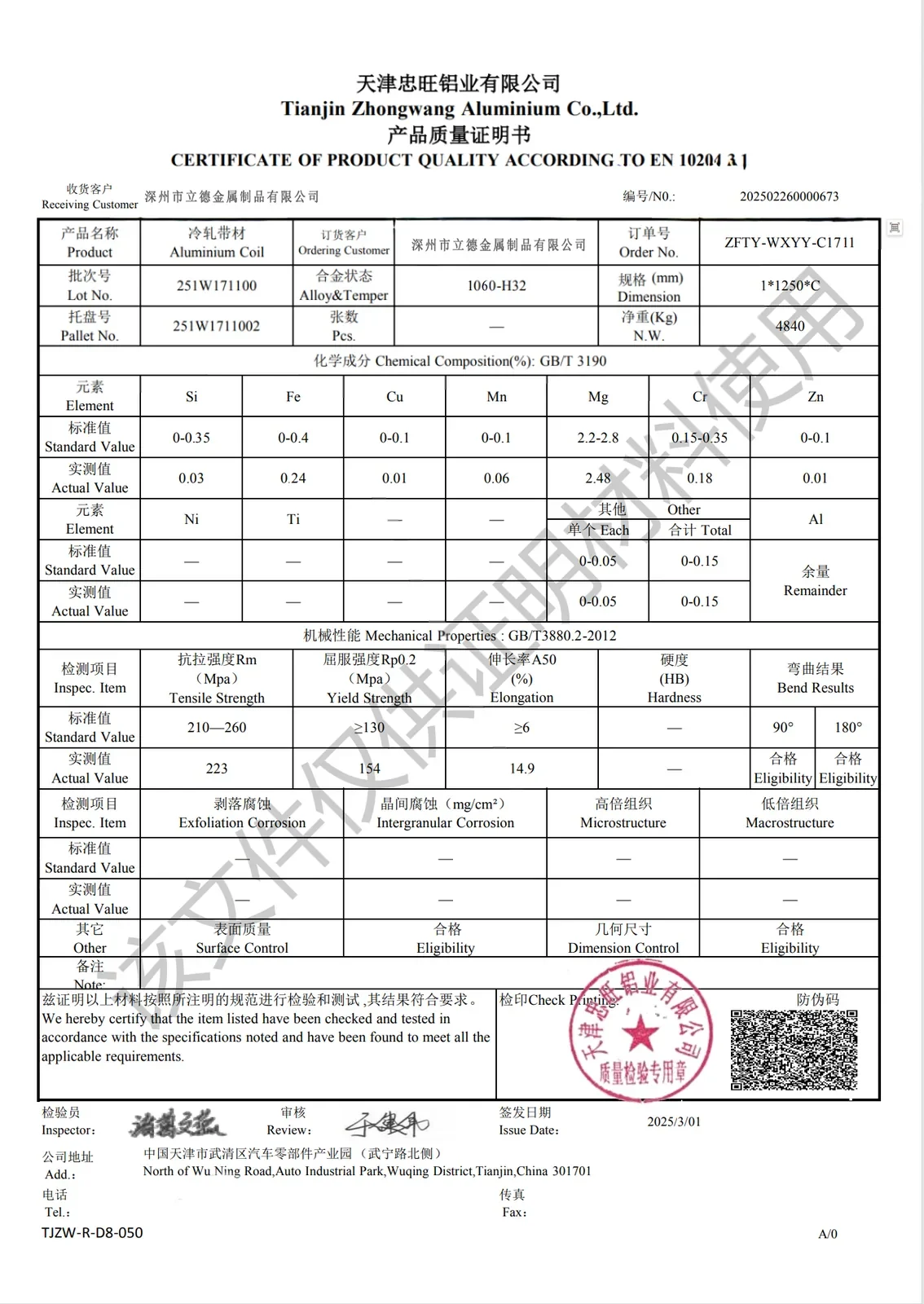 Aluminum 1060-H32 material certificate with chemical composition and mechanical properties
