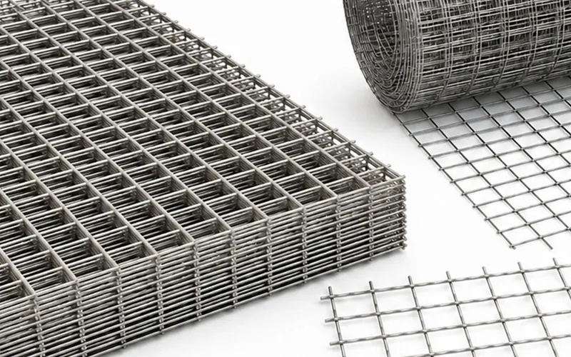 Stacked welded wire mesh panels and a welded mesh roll